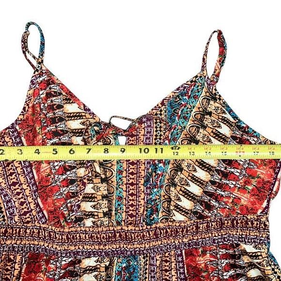 Boho Midi Sundress 1X Tiered Flowy Dress Smocked Adjustable Straps Tribal Print - Picture 11 of 14